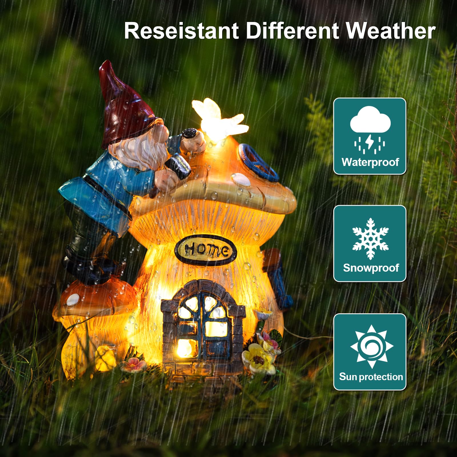 ZQQLITE Garden Gnome Statues Figurine Lights - Solar Powered Lighting Outdoor Decorations, Gnome Build Mushroom House, Yard Art Lawn Ornaments for Porch Patio Balcony - Gnome Gifts for Women Mom