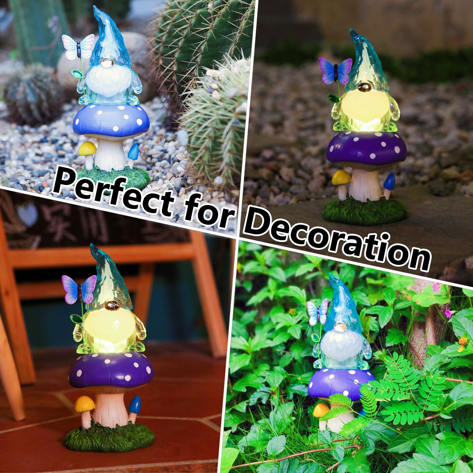 Starryfill Solar Garden Gnome Figurine in Blue Hat Plays with Butterfly on The Mushroom, 9.45inch(H) Resin Gnomes Decor with Solar Led Lights for Home Patio Lawn Backyard Christmas Decorations
