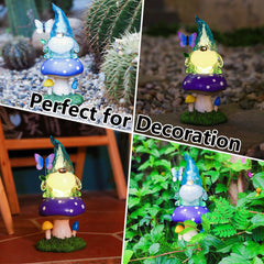 Starryfill Solar Garden Gnome Figurine in Blue Hat Plays with Butterfly on The Mushroom, 9.45inch(H) Resin Gnomes Decor with Solar Led Lights for Home Patio Lawn Backyard Christmas Decorations