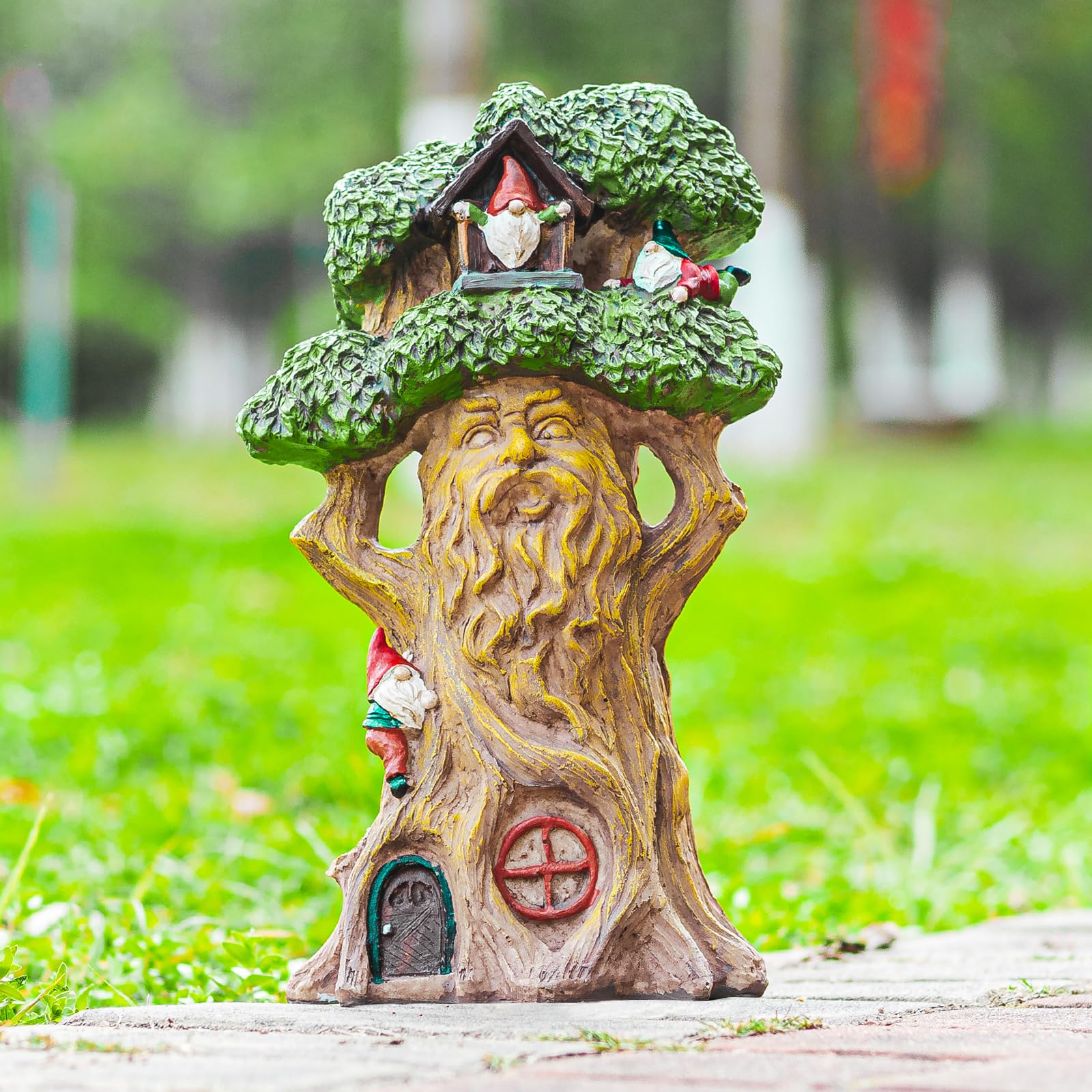 Ovewios Garden Gnome Statues with Solar Lights - 12.8 Inches Tall Resin Treehouse Figurine wtih Gnomes, Fairy House Lawn Ornaments for Outdoor Patio Yard Decoration