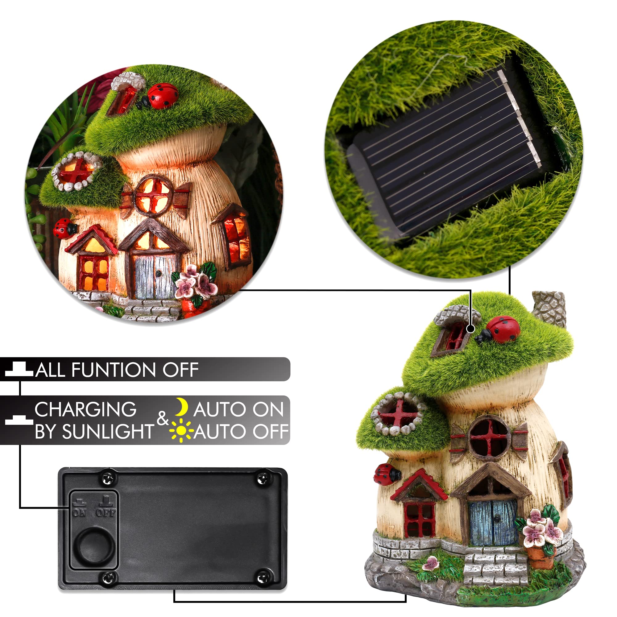TERESA'S COLLECTIONS Garden Ornaments Outdoor, Green Flocked Solar Fairy House and Ladybugs, Waterproof Resin Fairy House Ornaments, Indoor Outdoor 16.8CM