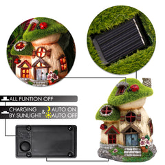 TERESA'S COLLECTIONS Garden Ornaments Outdoor, Green Flocked Solar Fairy House and Ladybugs, Waterproof Resin Fairy House Ornaments, Indoor Outdoor 16.8CM
