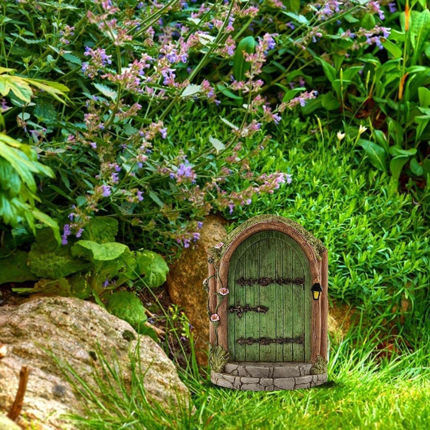 DPWOUM Green Fairy Door Wooden Miniature Fairy Gardens Doors Outdoor Mini Fairys Gnome House Accessories for Tree Trunk Ornaments Garden Miniatures,Garden Sculptures and Statues，Outdoor Statues