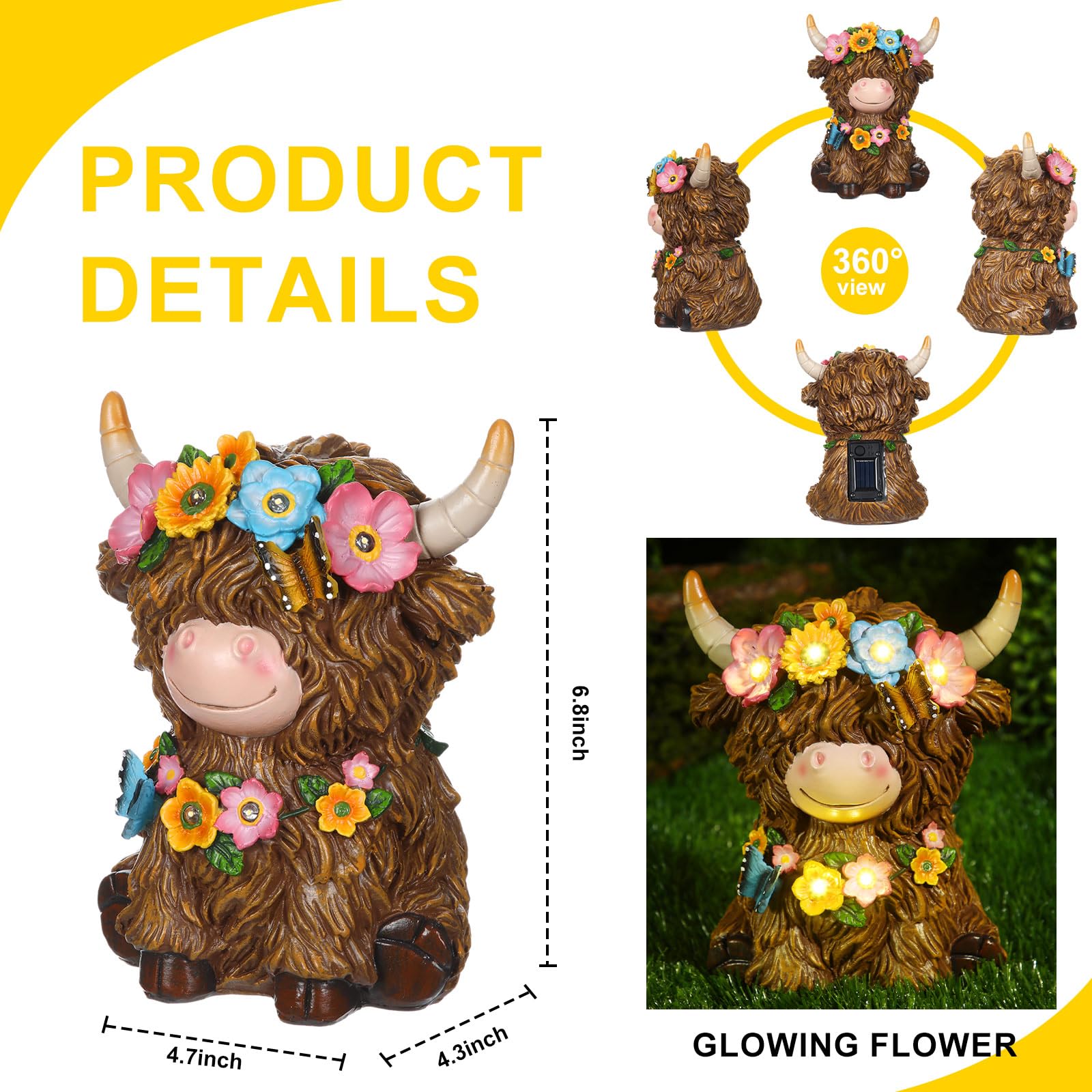 Colingmill Highland Cow Gnomes Resin, Garden Highland Cow Statue Solar Outdoor Decor with Flower Decoration for Patio, Yard, Gift for Mom, Cow Lovers(Classic)