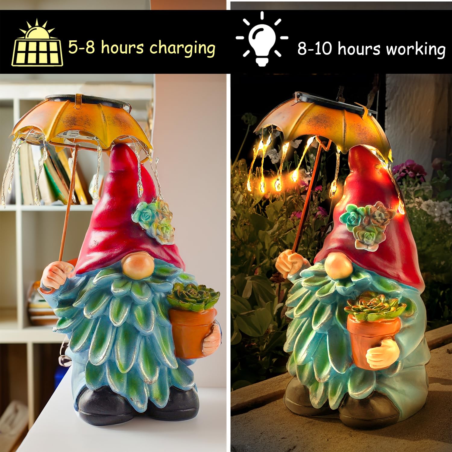 Teaeeno Garden Gnome Statue Decor,Yard Gnomes with Solar LED Umbrella,Solar Lawn Ornaments,Dwarf Sculpture for Outside Patio Porch Lawn Decoration,Waterproof Gnome Statue with Solar Lights for Patio