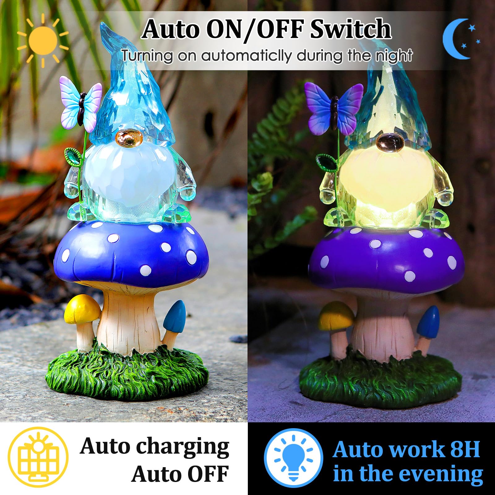 Starryfill Solar Garden Gnome Figurine in Blue Hat Plays with Butterfly on The Mushroom, 9.45inch(H) Resin Gnomes Decor with Solar Led Lights for Home Patio Lawn Backyard Christmas Decorations