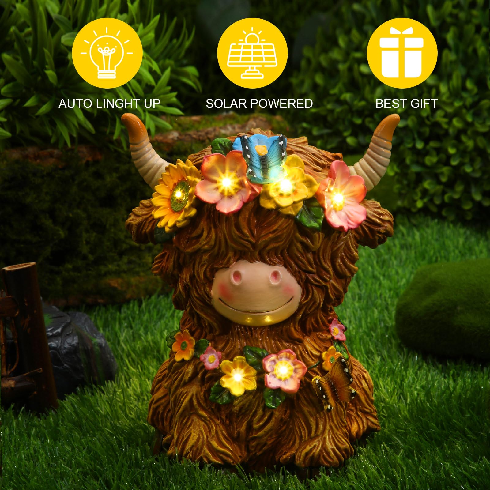 Colingmill Highland Cow Gnomes Resin, Garden Highland Cow Statue Solar Outdoor Decor with Flower Decoration for Patio, Yard, Gift for Mom, Cow Lovers(Bright)
