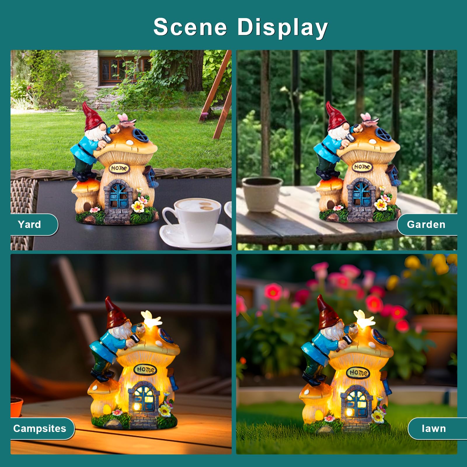 ZQQLITE Garden Gnome Statues Figurine Lights - Solar Powered Lighting Outdoor Decorations, Gnome Build Mushroom House, Yard Art Lawn Ornaments for Porch Patio Balcony - Gnome Gifts for Women Mom