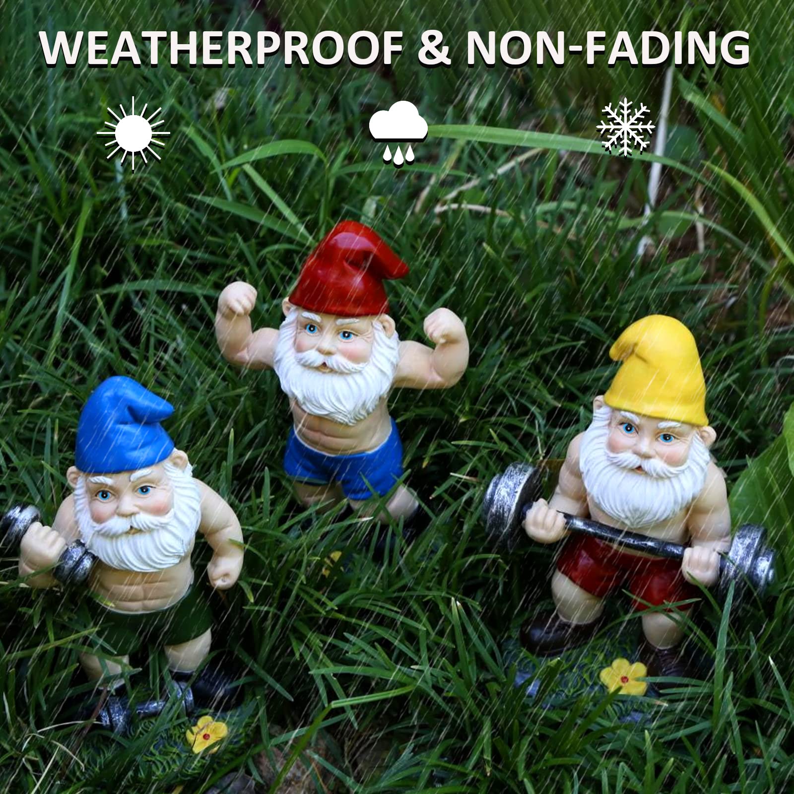 Mrsivrop Funny Workout Garden Gnomes Statues 3pcs 6.2 Inches Outdoor Funny The Muscular, Barbell and Dumbbell Gnomes Decorations Set for Yard, Lawn, Patio, Indoor Gnome Figurine for Home Tabletop