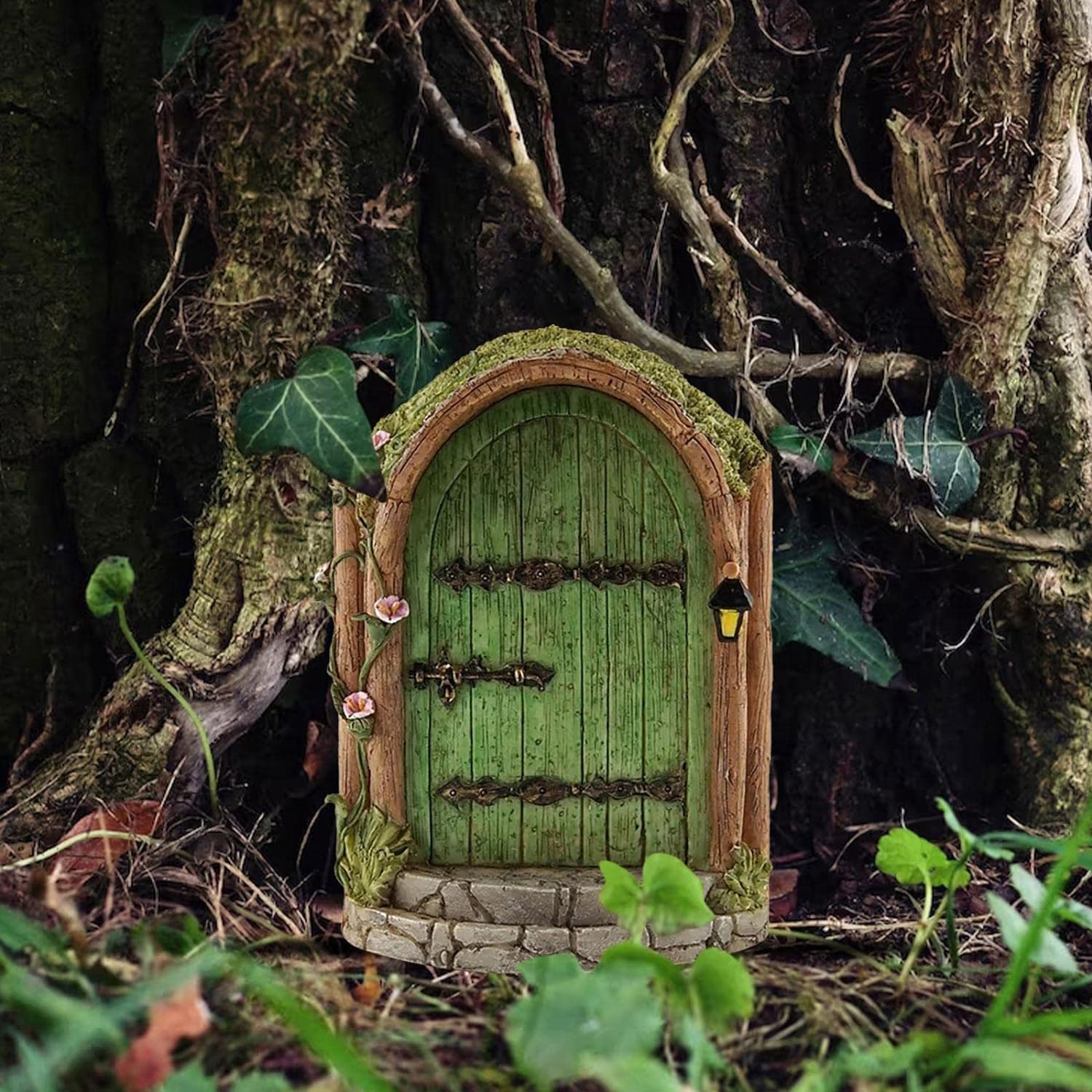 DPWOUM Green Fairy Door Wooden Miniature Fairy Gardens Doors Outdoor Mini Fairys Gnome House Accessories for Tree Trunk Ornaments Garden Miniatures,Garden Sculptures and Statues，Outdoor Statues