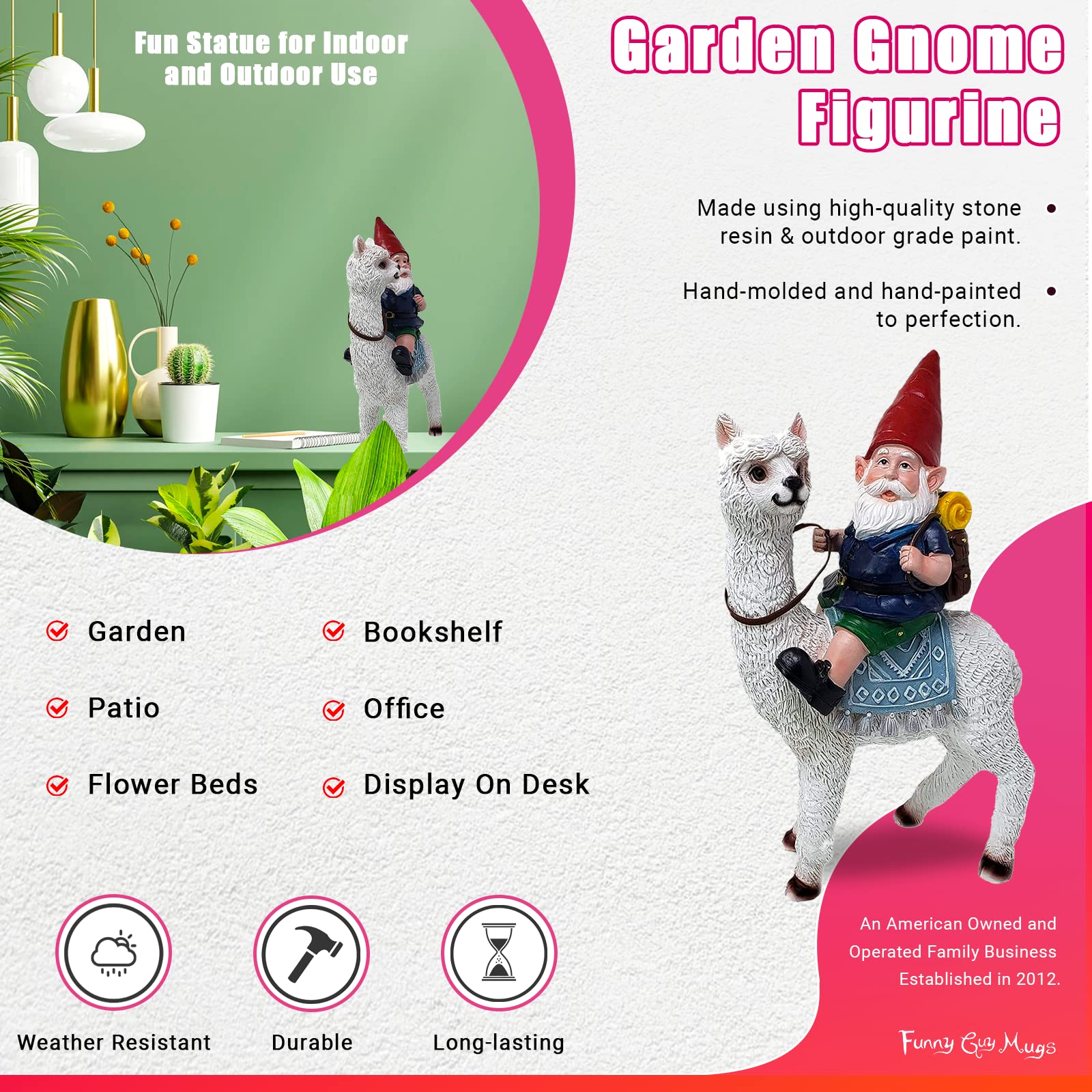 Funny Guy Mugs Gnome and a Llama Statue- Indoor/Outdoor Garden Gnome Sculpture for Patio, Yard or Lawn