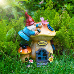 ZQQLITE Garden Gnome Statues Figurine Lights - Solar Powered Lighting Outdoor Decorations, Gnome Build Mushroom House, Yard Art Lawn Ornaments for Porch Patio Balcony - Gnome Gifts for Women Mom