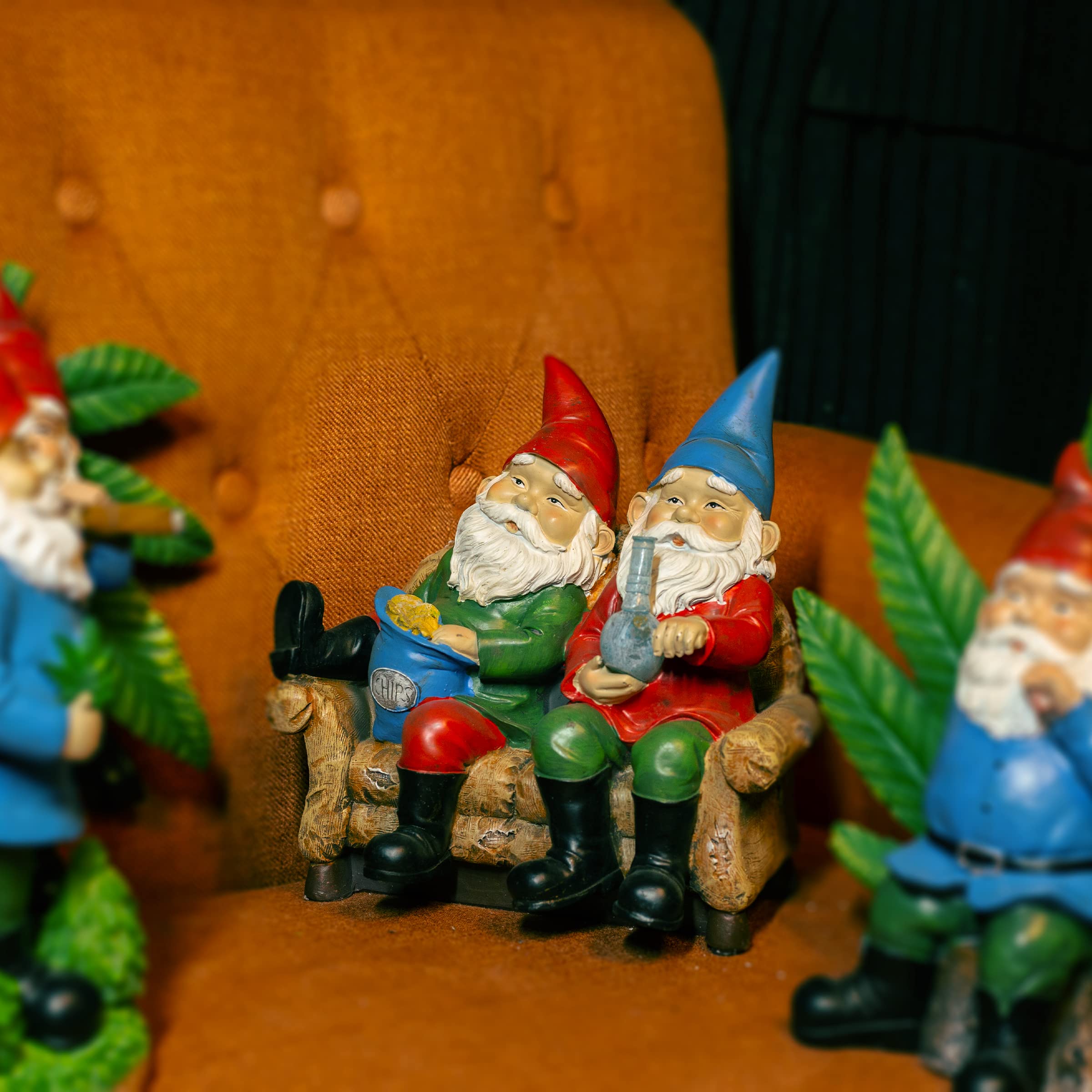 Exhart Good Time Bud Buddies Gnome Statue - Hand-Painted Gnome Best Friends Eating Chips & Smoking Marijuana Weed w/LED Accent Lights - Resin Gnome Decor Perfect for Home Garden Art, 10 Inches Tall