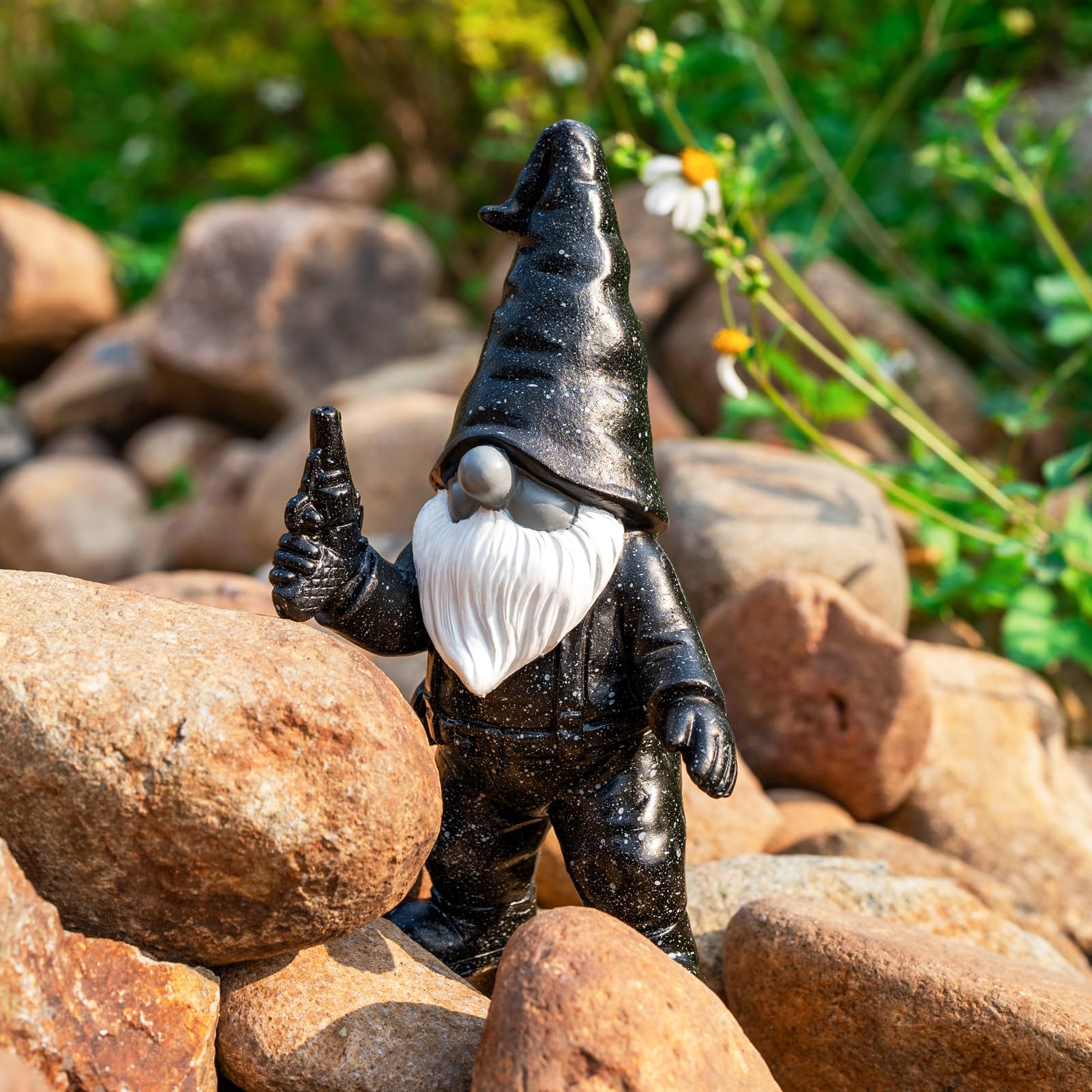 WONDHOME 6.8" Funny Garden Gnome Statues with Gun Naughty Black Gnome Figurine for Patio Lawn Yard Art Outdoor Decorations Father's Day Birthday Halloween Christmas Gardening Gift for Dad Mom
