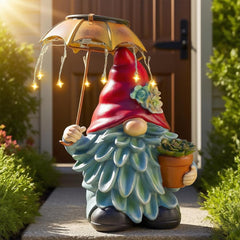 Teaeeno Garden Gnome Statue Decor,Yard Gnomes with Solar LED Umbrella,Solar Lawn Ornaments,Dwarf Sculpture for Outside Patio Porch Lawn Decoration,Waterproof Gnome Statue with Solar Lights for Patio