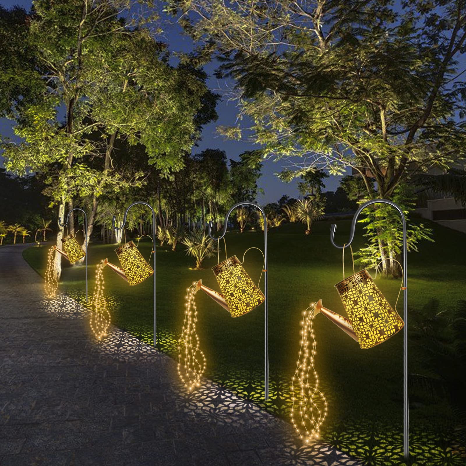 FLSEPAMB Watering Can Solar Lights Garden (2 Pack), IP65 Watering Can with Cascading Lights, Warm Watering Garden Light Decor with Bracket for Pathway, Yard, Patio, Backyard, Bronze, (HSD)