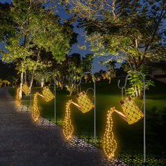 FLSEPAMB Watering Can Solar Lights Garden (2 Pack), IP65 Watering Can with Cascading Lights, Warm Watering Garden Light Decor with Bracket for Pathway, Yard, Patio, Backyard, Bronze, (HSD)