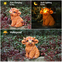 Highland Cow Solar Powered Outdoor Garden Statue, Resin Highland Cow Statue with Solar Light Lantern, Decorative Lawn, Yard Outdoor Highland Cow Decor. Unique home decorations, gifts for women