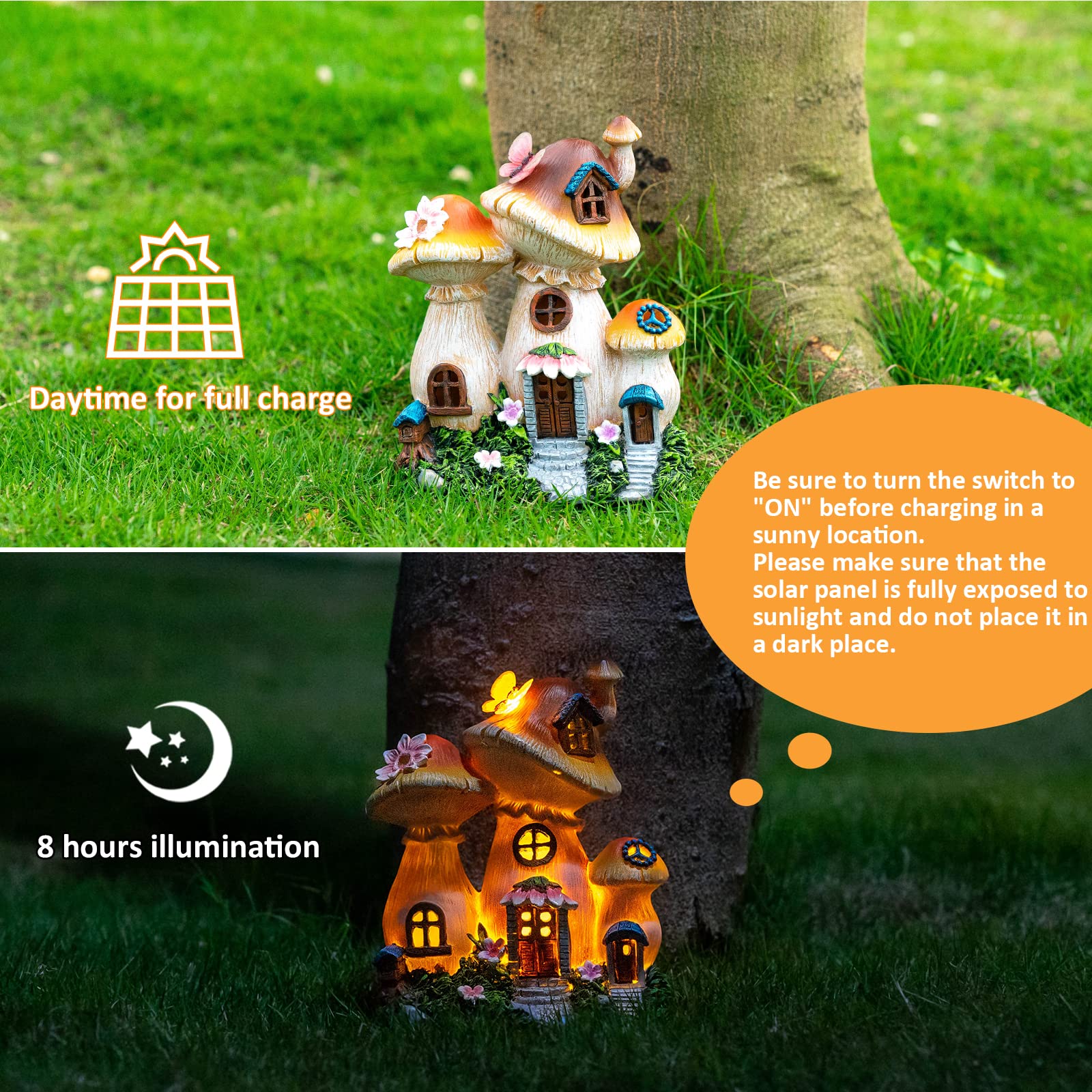 Candieslife Solar Garden Statue Lights Mushroom Fairy House Figurine, Outdoor Memorial Garden Ornaments Gift Waterproof Decoration for Outside Patio Yard Lawn Decor