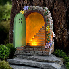 Jauhmui Fairy Garden Door - Glow in the Dark Miniature Tree Trunk, Retro & Mystical Elf Door, Solar Lights Statues, Garden Trees Decoration