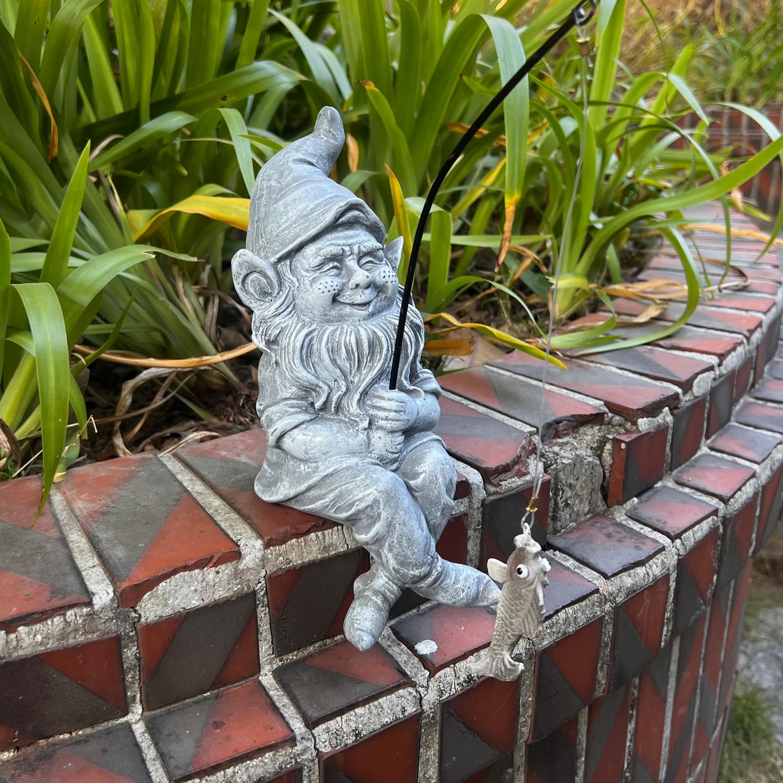 Garden Gnome Pond Statue Decoration, Fishing Gnome Garden Statue Outdoor Koi Pond or Waterfall Decor, 9.7" Stone Gnome Fishing Poolside Statue with Glow in Dark Pebbles Included, Great Gifts for Mom