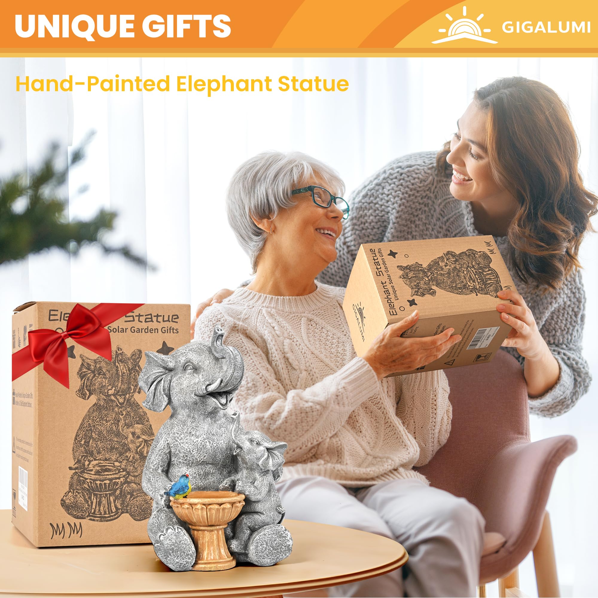 GIGALUMI Solar Garden Statues Loving Elephant Figurine Lights for Outdoor, Yard, Garden Decor Unique Housewarming Gifts for Mom, Women
