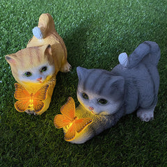 Tuzsocr Solar Powered Cat Statue,Butterfly Solar Lights for Outdoor,Decorative Animal Figurine for Garden,Waterproof Resin Sculpture,LED Lighting,for Lawn,Terrace (Style 1)