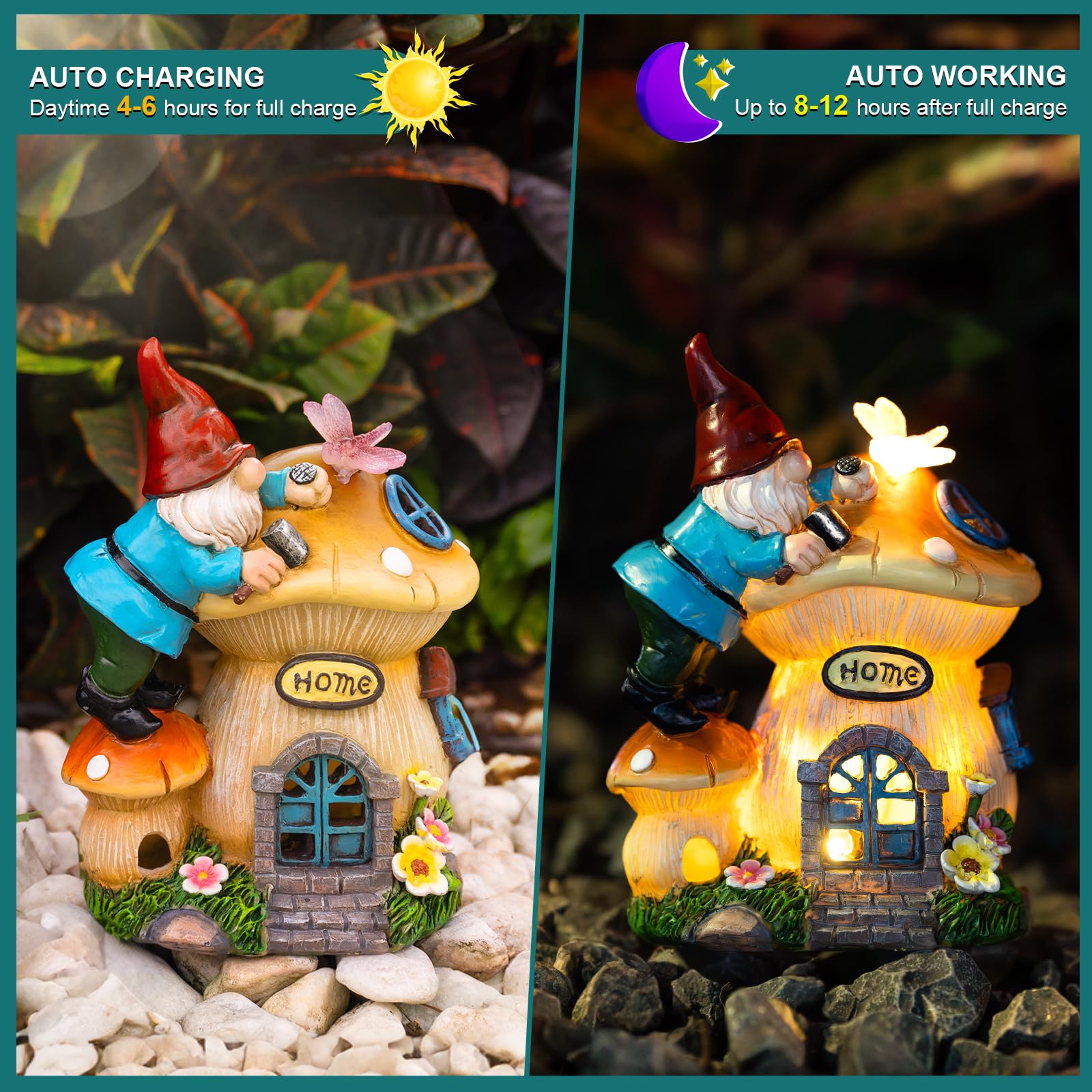 ZQQLITE Garden Gnome Statues Figurine Lights - Solar Powered Lighting Outdoor Decorations, Gnome Build Mushroom House, Yard Art Lawn Ornaments for Porch Patio Balcony - Gnome Gifts for Women Mom