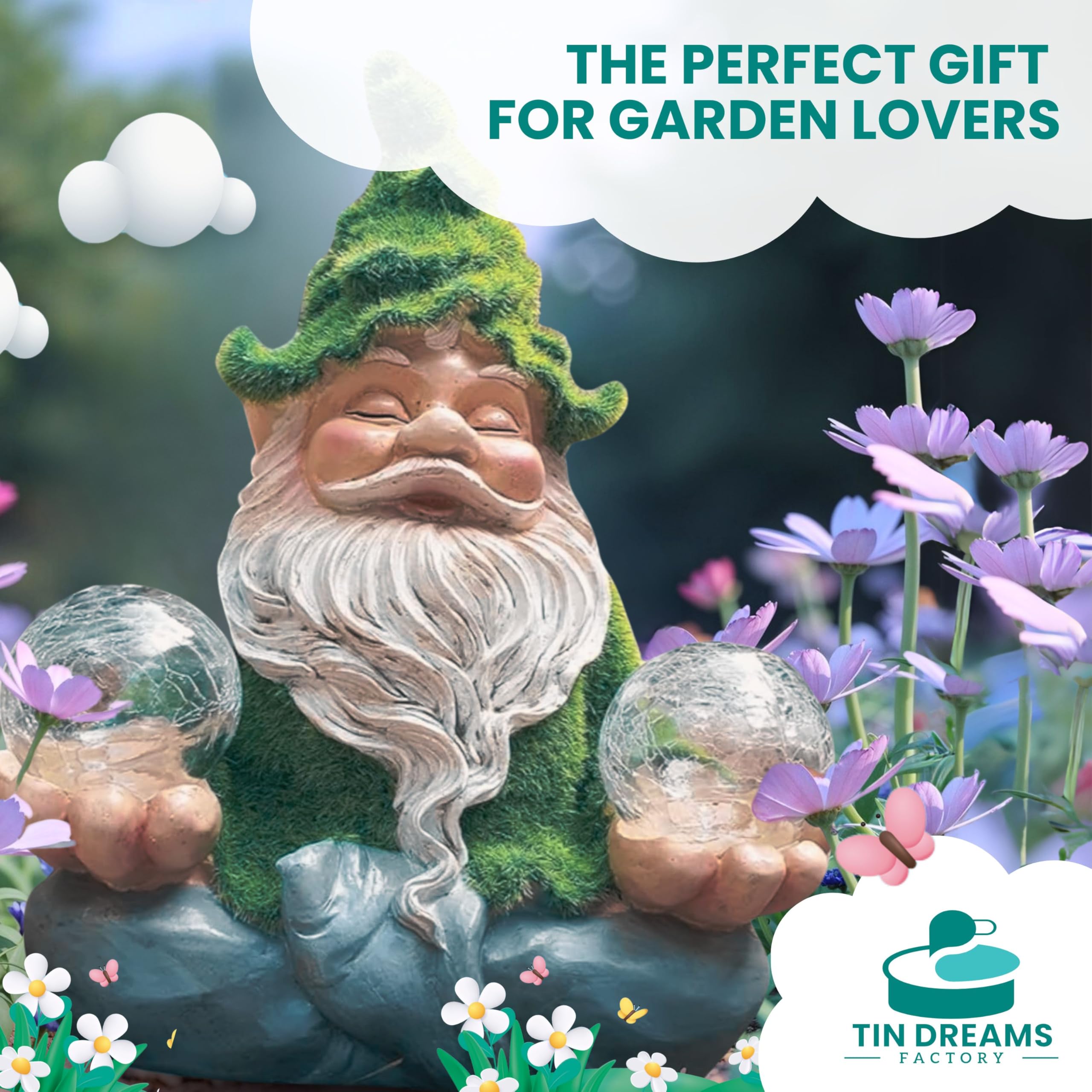 TIN DREAMS FACTORY | Zen Gnome with Solar Light – Decorative Garden Figure in Resin – Gnome with Luminous LED Ball – Original Ornament for Garden, Terrace, and Patio