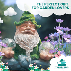 TIN DREAMS FACTORY | Zen Gnome with Solar Light – Decorative Garden Figure in Resin – Gnome with Luminous LED Ball – Original Ornament for Garden, Terrace, and Patio