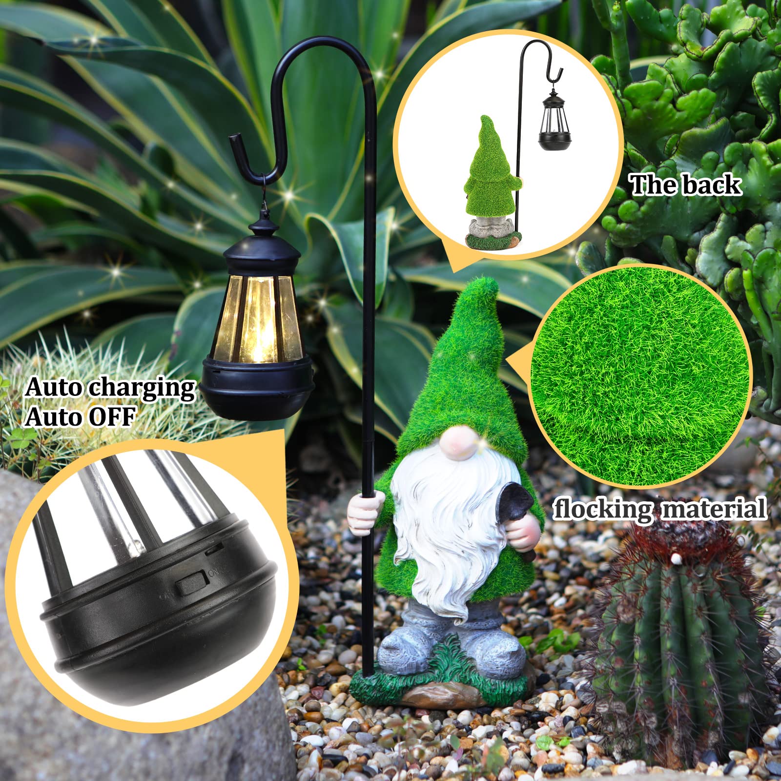 Flocked Garden Gnome Statue with Solar LED Light, Large Funny Fairy Gnomes Figurines with Solar Lantern, Outdoor Fall Decorations for Yard Lawn, Tall 15.8 Inch