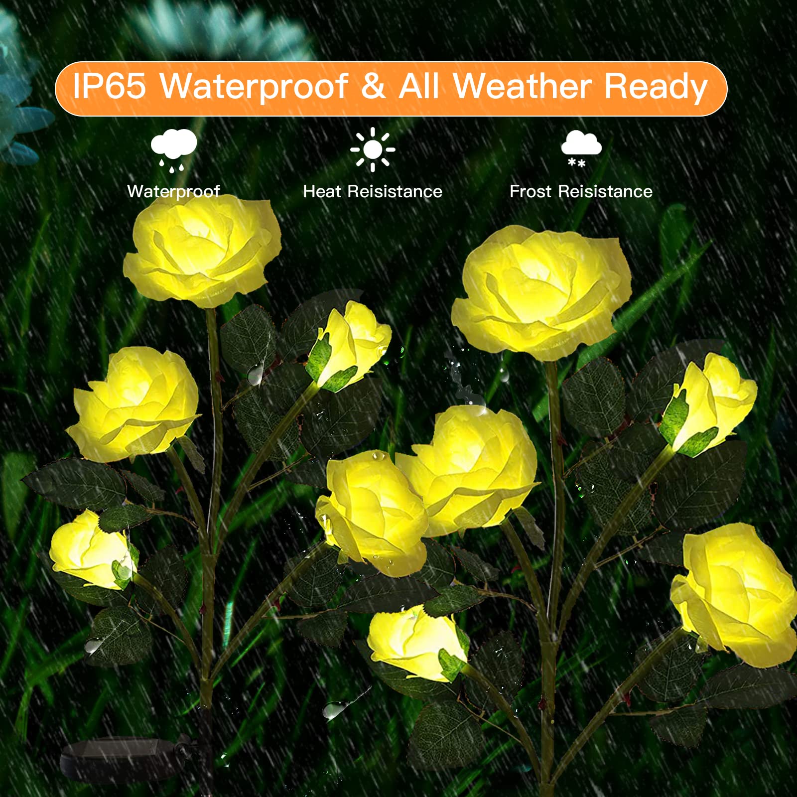 XVZ 2 Pack Solar Powered Rose Lights, Yellow, Waterproof, Outdoor Garden Patio Yard Pathway Party Decoration