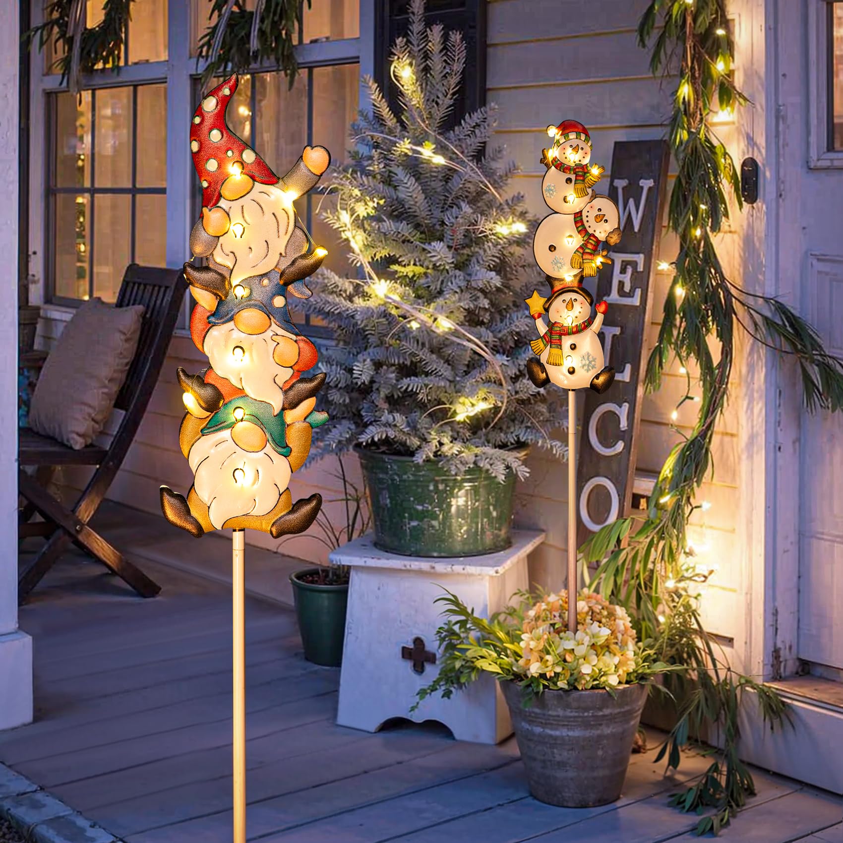 Homeimpro Christmas Solar Outside Decorations Holiday Lights Yard Garden Gnomes Snowman Pathway Stake Lights with 18 LED Waterproof Lawn Outdoor Xmas Gifts for Mom Women (2Pack)