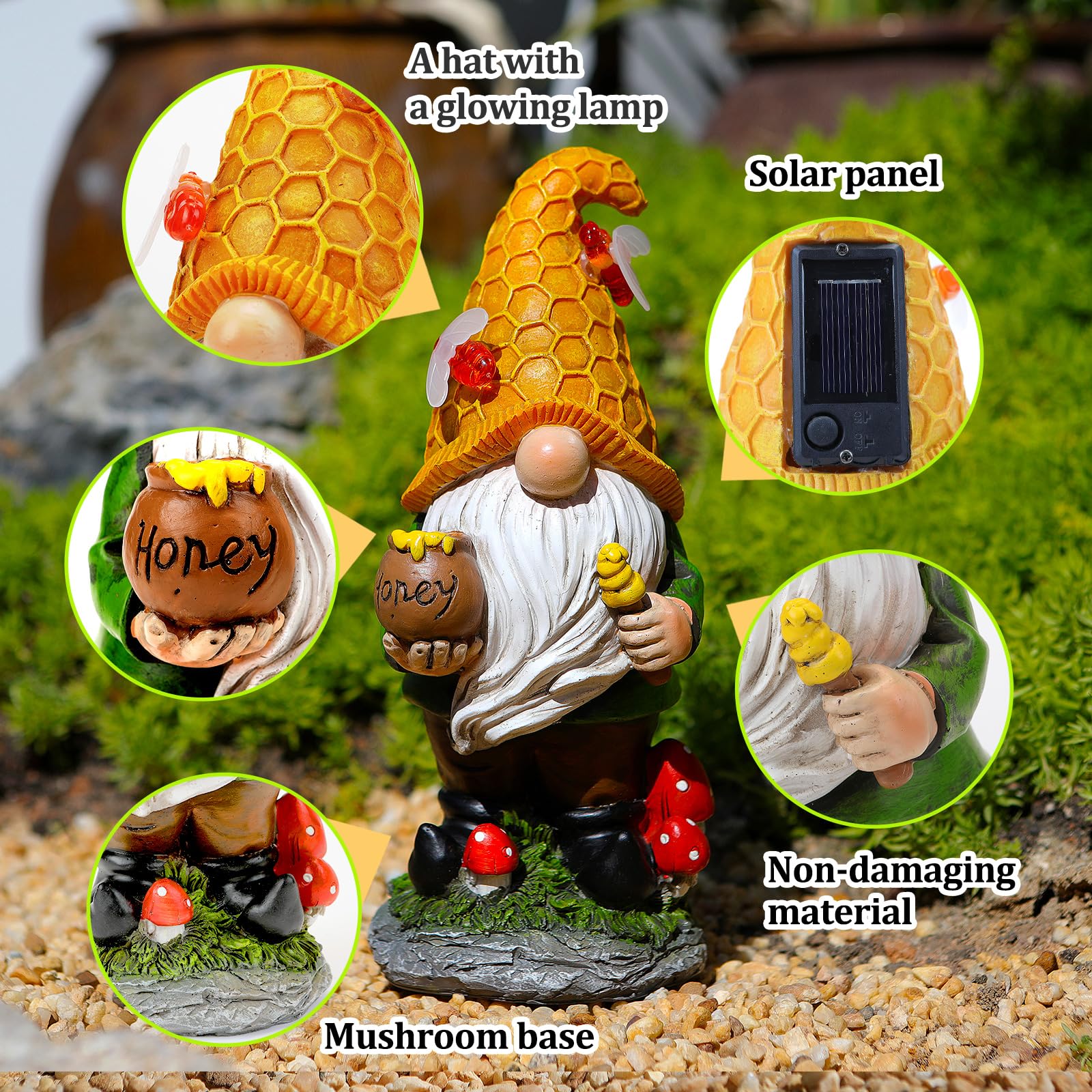 VChymm Flocked Garden Gnome Statue with Solar LED Light, Large Funny Fairy Gnomes Figurines with Solar Lantern, Outdoor Fall Decorations for Yard Lawn