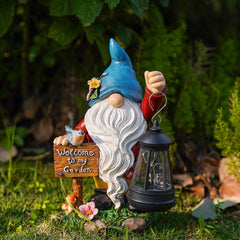 C&Y&G&X Garden Gnome Statue,Outdoor Gnome Decor Solar Lantern Lights and Welcome Sign,Yard Art Decorations, Ideal Housewarming Gift