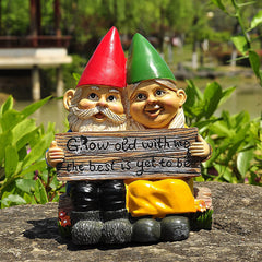 Abbcoert Gnomes Garden Decorations Grow Old with Me Whimsical Mr and Mrs Gnome Hobbit Couple Sitting On Garden Log Statue Indoor Outdoor Garden Statuesfor Patio Garden Lawn Home Decor