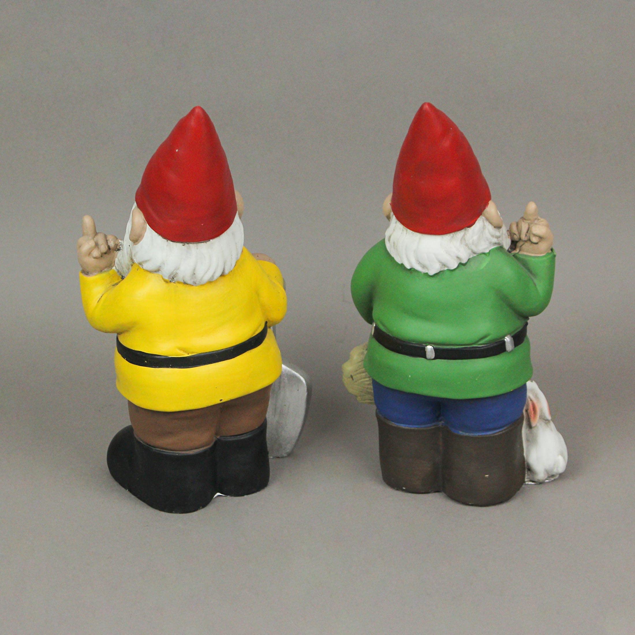 Yellow & Green Go Away Giving The Bird Garden Gnome Funny Outdoor Sculpture Set