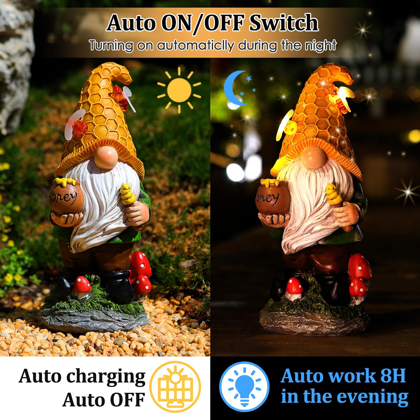 VChymm Flocked Garden Gnome Statue with Solar LED Light, Large Funny Fairy Gnomes Figurines with Solar Lantern, Outdoor Fall Decorations for Yard Lawn
