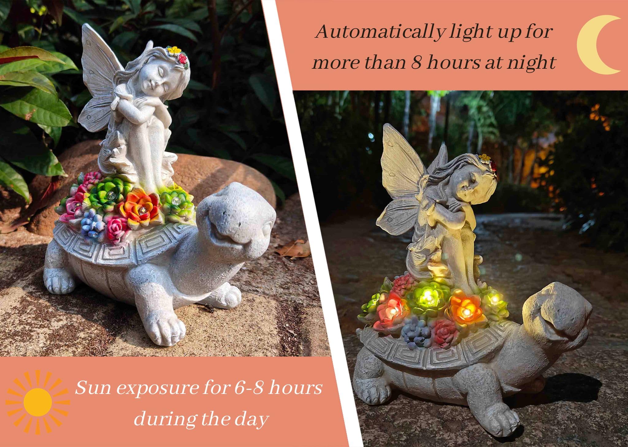 Solar Fairy Garden Statue - Angel Fairy on Turtle Figurine Outdoor Statue, Lovely Tortoise Garden Statue with 5 LED Lights Succulent Plants, Perfect Balcony Lawn Garden Decor Gift for Mom or Grandma