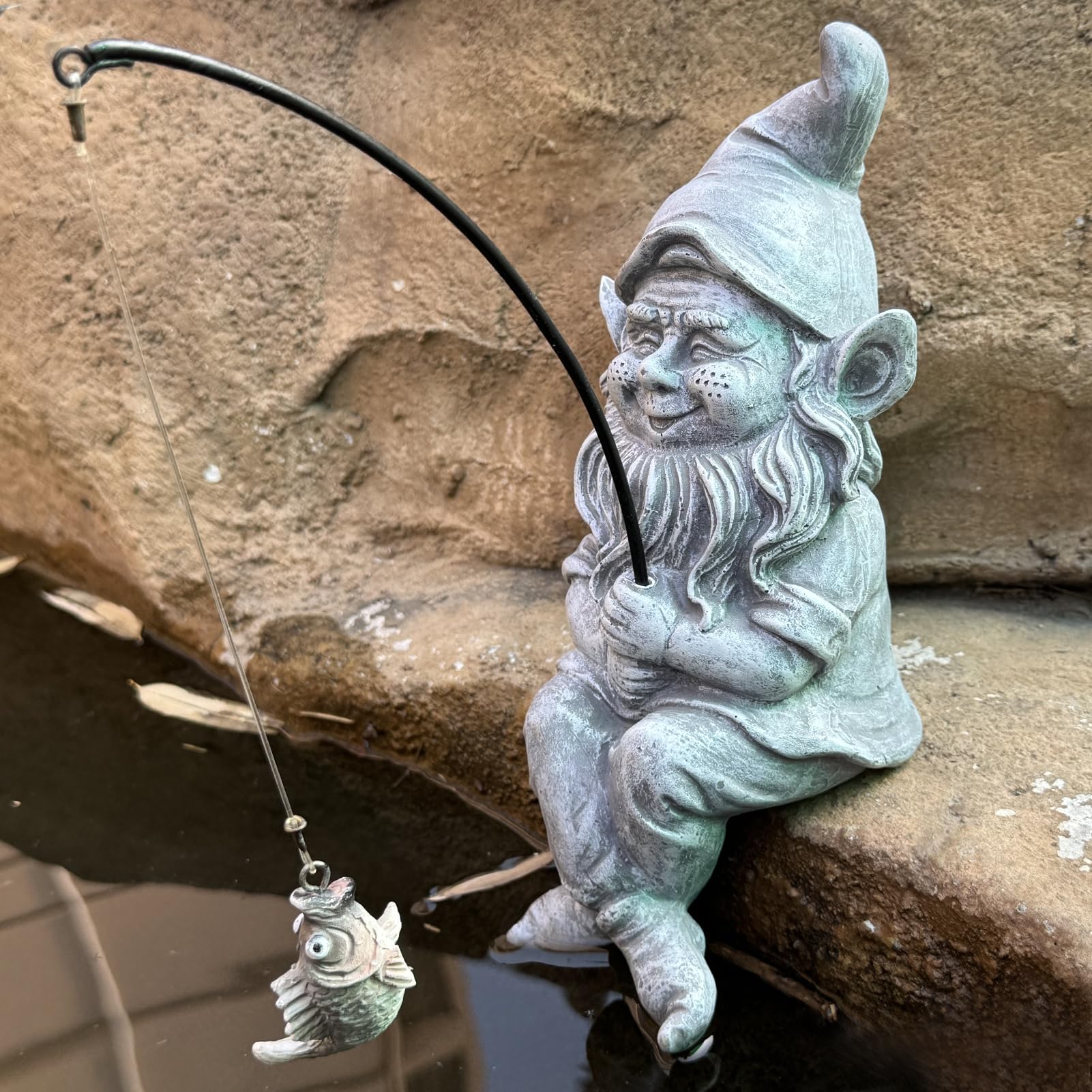 Garden Gnome Pond Statue Decoration, Fishing Gnome Garden Statue Outdoor Koi Pond or Waterfall Decor, 9.7" Stone Gnome Fishing Poolside Statue with Glow in Dark Pebbles Included, Great Gifts for Mom