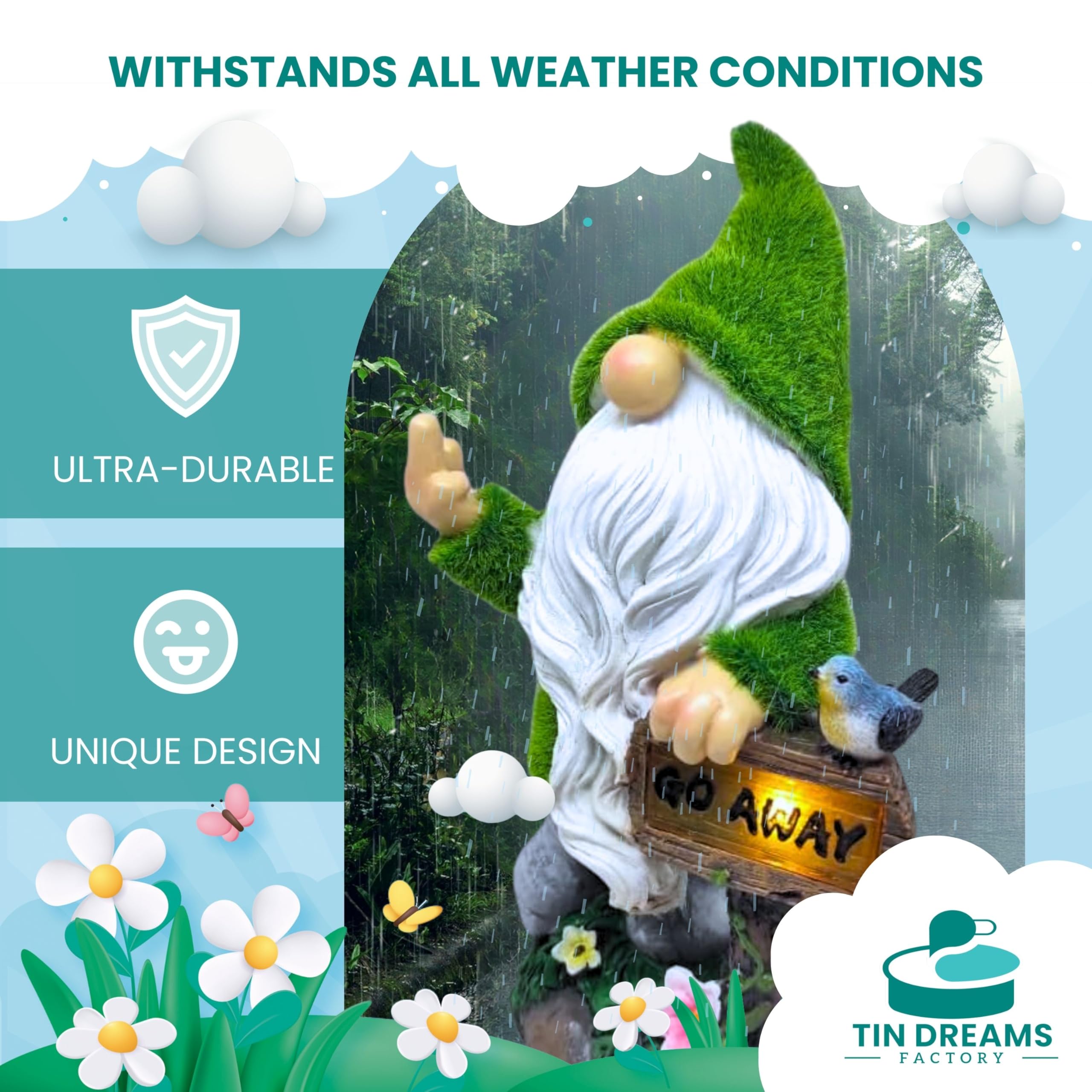 TIN DREAMS FACTORY | "Go Away Solar Rechargeable Garden Gnome - Fun Outdoor Decoration for Garden and Patio - Dwarfs - Resin Figures - Original Home Ornaments