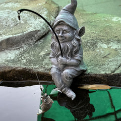Garden Gnome Pond Statue Decoration, Fishing Gnome Garden Statue Outdoor Koi Pond or Waterfall Decor, 9.7" Stone Gnome Fishing Poolside Statue with Glow in Dark Pebbles Included, Great Gifts for Mom