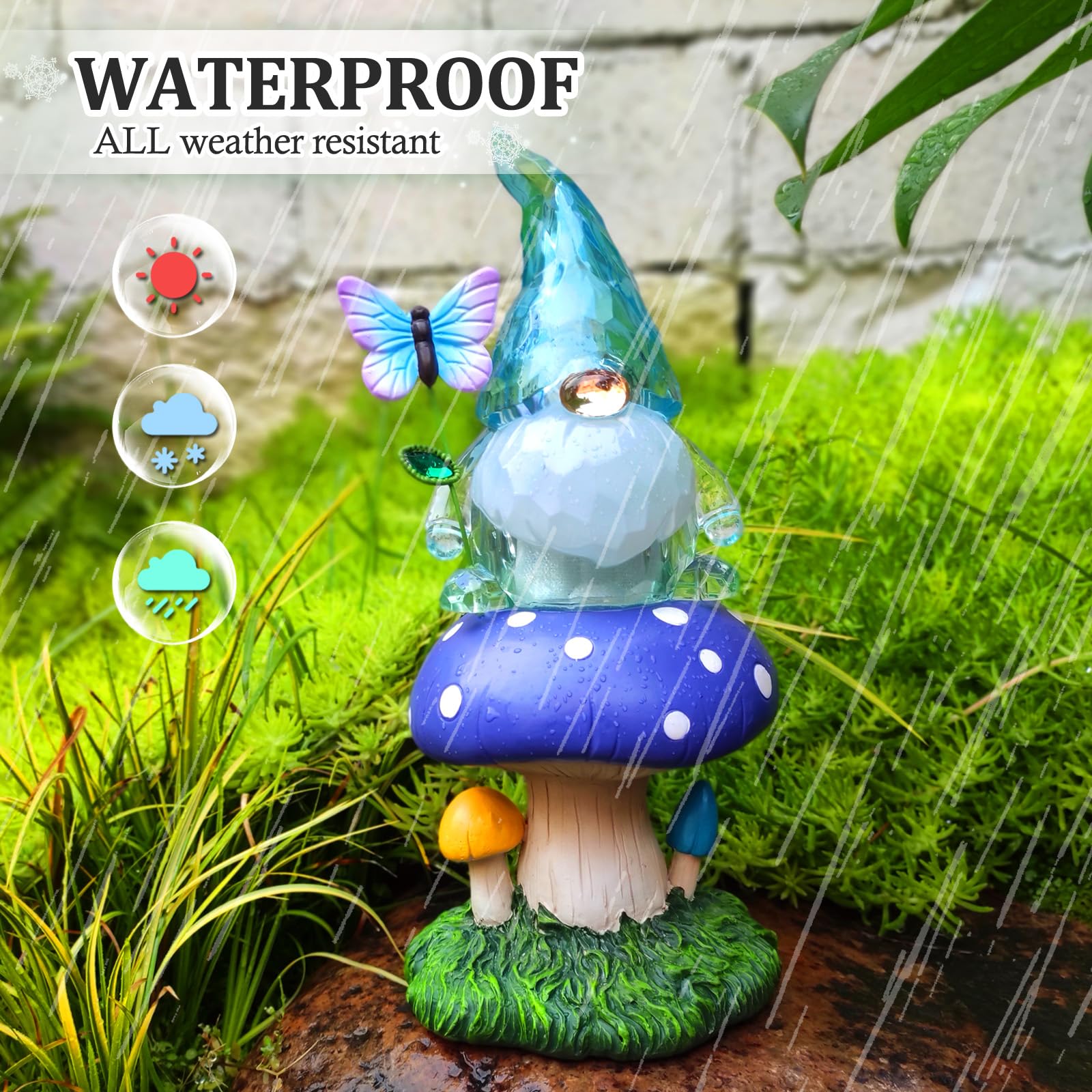 Starryfill Solar Garden Gnome Figurine in Blue Hat Plays with Butterfly on The Mushroom, 9.45inch(H) Resin Gnomes Decor with Solar Led Lights for Home Patio Lawn Backyard Christmas Decorations