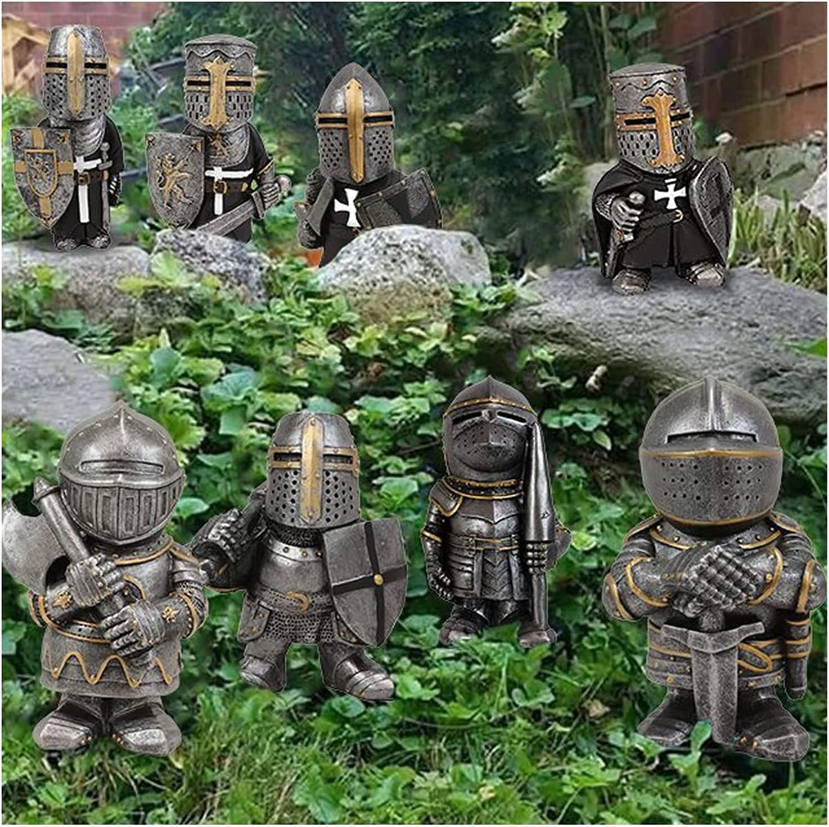 Knight Gnomes Guard Garden Statues 2021 Christmas Guardians Gnomes, Renaissance Medieval Cross Templar Crusader Figurine, Armor Miniature European Knights Sculpture for Yard Lawn Art Decor (8 pcs)