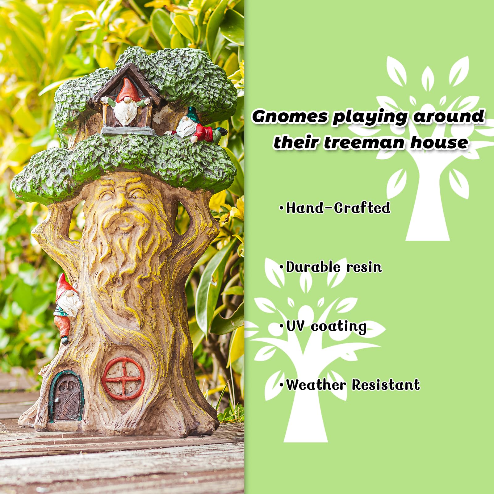 Ovewios Garden Gnome Statues with Solar Lights - 12.8 Inches Tall Resin Treehouse Figurine wtih Gnomes, Fairy House Lawn Ornaments for Outdoor Patio Yard Decoration