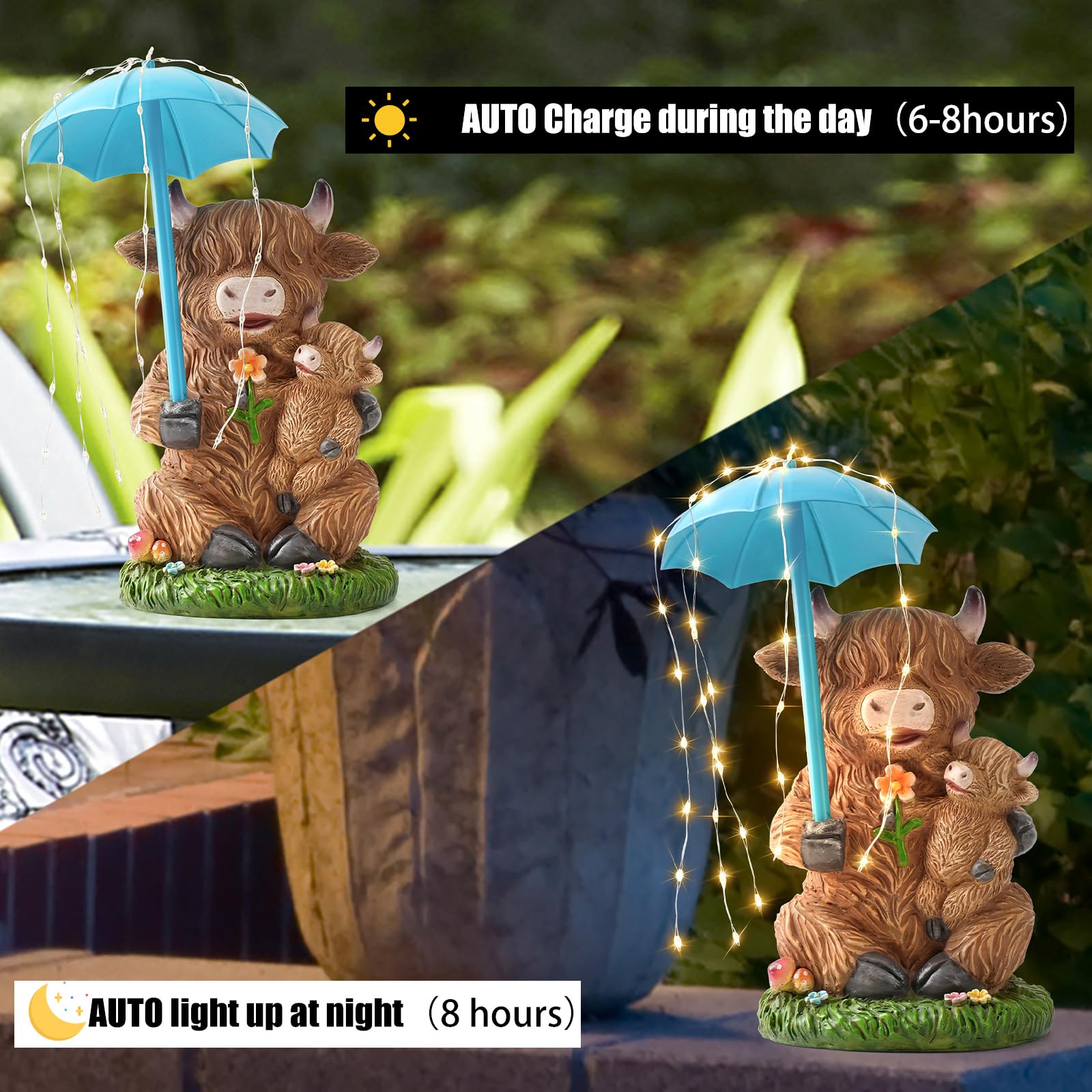 Joint Honglin Solar Garden Statues Resin Loving Highland Cow Umbrella Lights Outdoor Decor Gifts for Yard, Patio Decorations