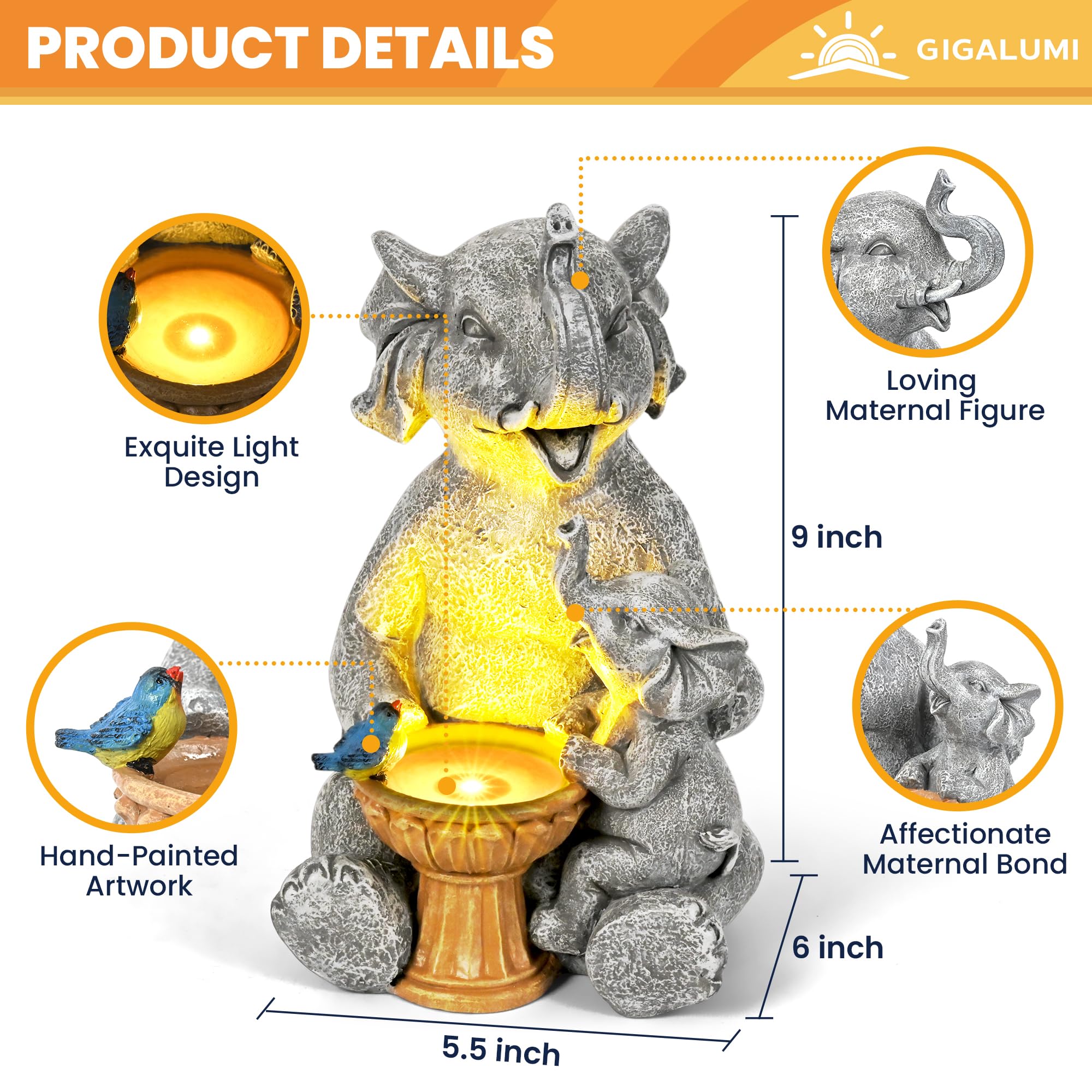 GIGALUMI Solar Garden Statues Loving Elephant Figurine Lights for Outdoor, Yard, Garden Decor Unique Housewarming Gifts for Mom, Women