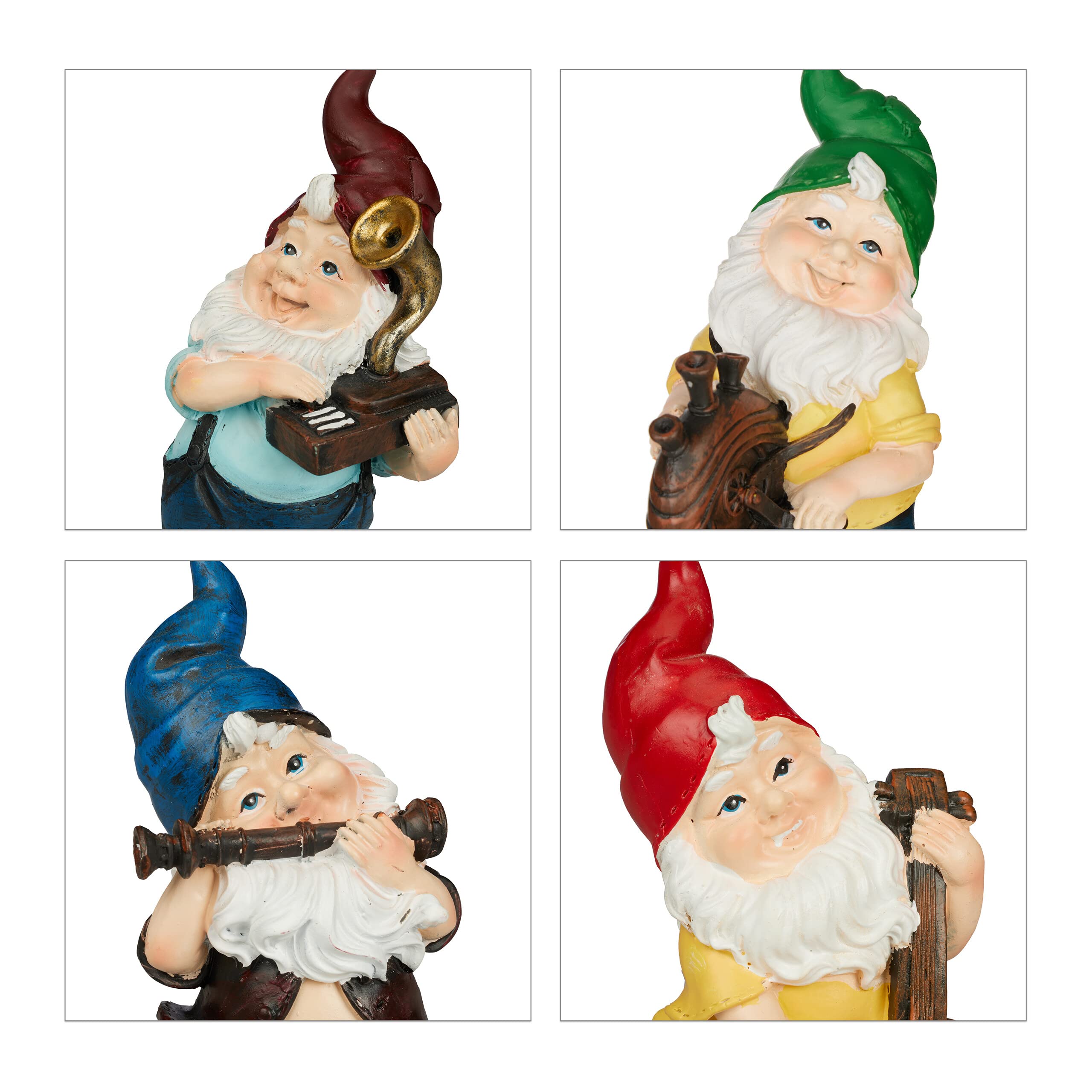 Relaxdays Set of 4 Garden Gnomes, Musicians with Instruments, Fost Resistant, Outdoor Figurine, Polyresin, Multicoloured, 15 cm
