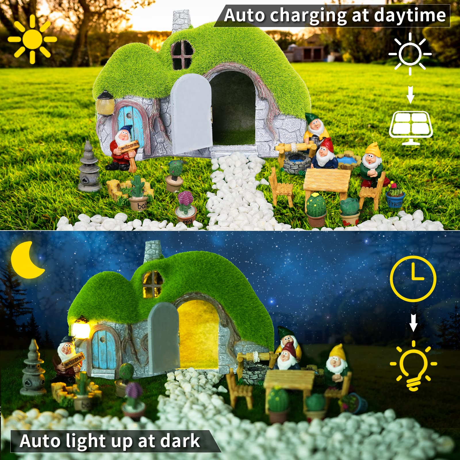 Darkdec Garden Statues Outdoor Decor - Fairy House with Waterproof Solar Lights Resin Figurines for Yard Lawn Porch Outside Ornament or Garden Gift