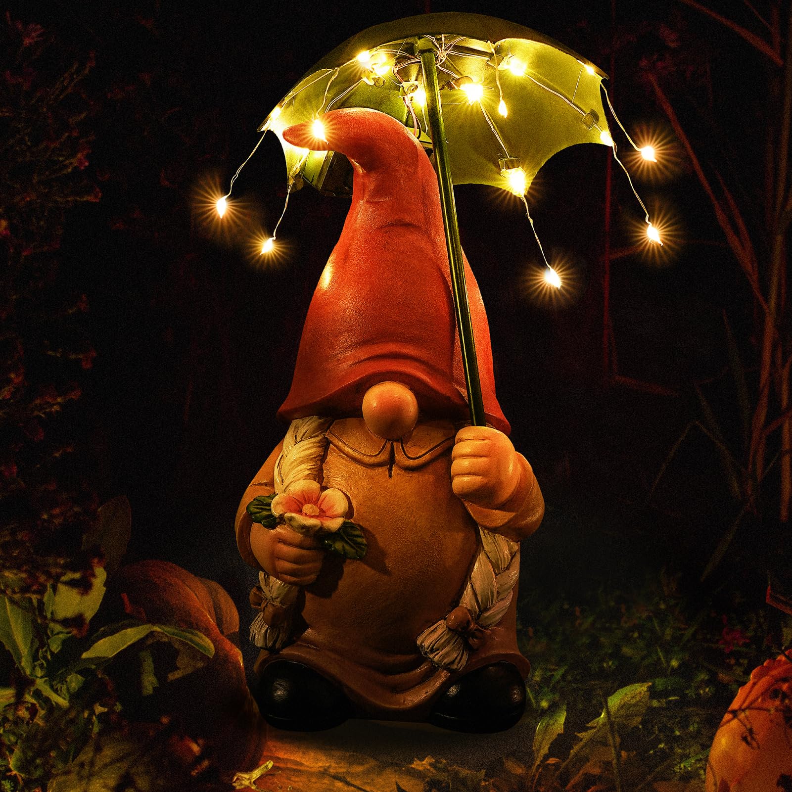 WONDHOME Garden Gnome Statues Outdoor Decoration Patio Yard Lawn Solar Gnomes Lady with Umbrella Lights Christmas Halloween Birthday Gift for Woman Mom,Umbrella Gnome